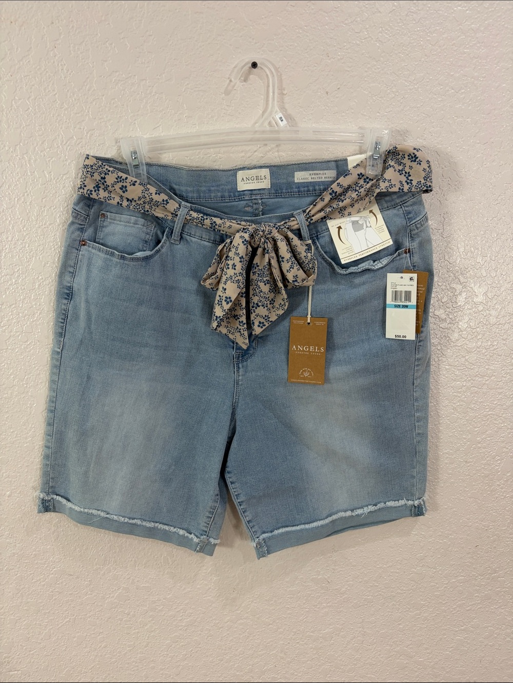 Angels Light Blue Denim Shorts with Beige Floral Tie,Size 20W